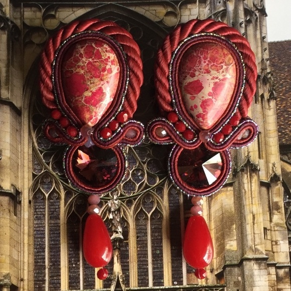Huge Red Handmade Soutache Earrings NWOT - Picture 1 of 8